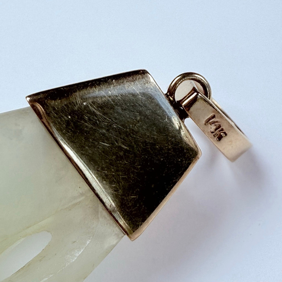 Estate 14K Gold Old Chinese Carved Mutton Fat White Jade Nephrite 3.2" Pendant - Picture 7 of 12